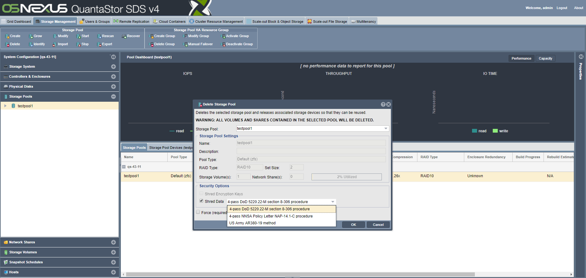 DoD Shredding Delete Storage Pool